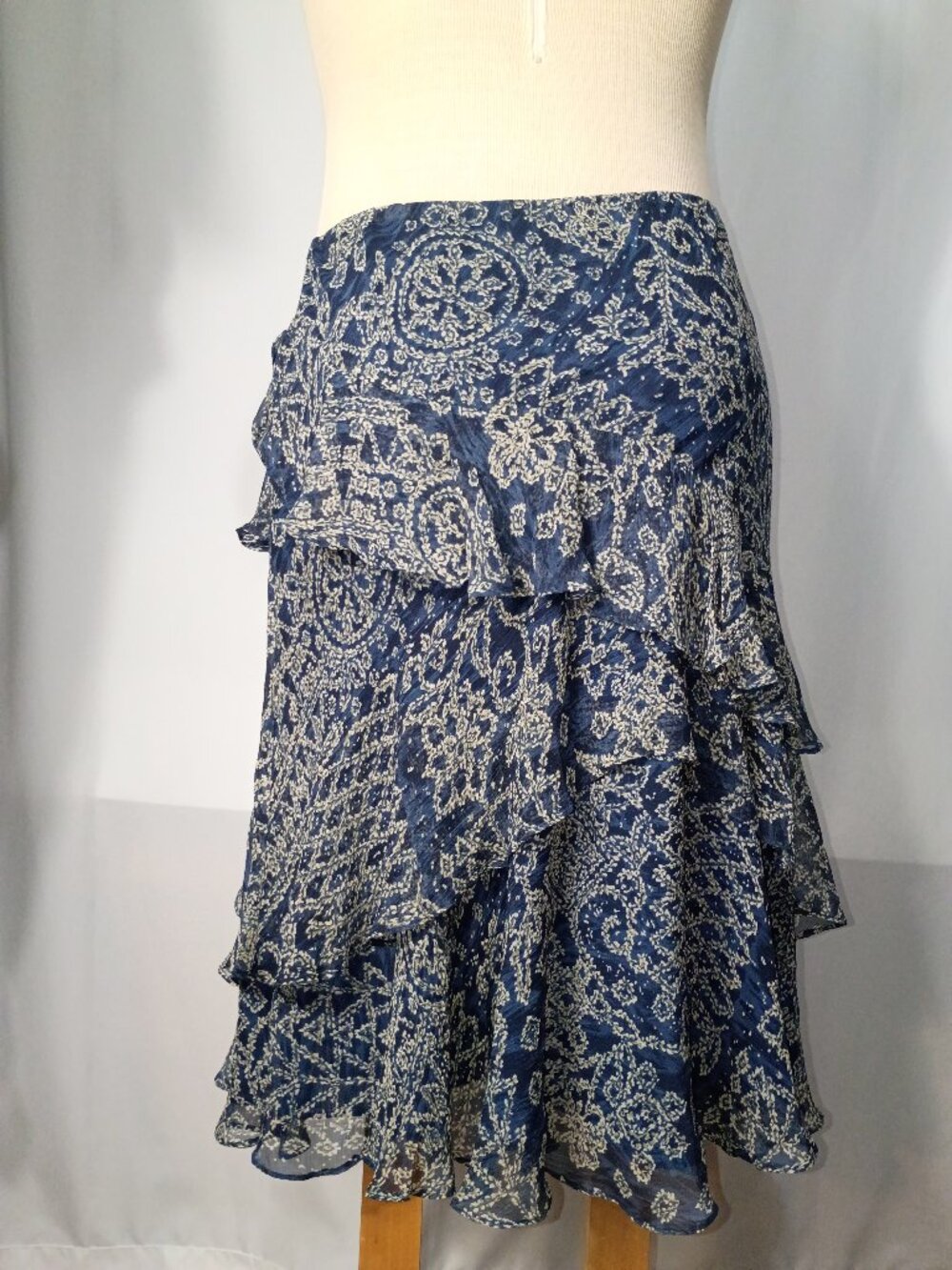 Lauren Ralph Lauren Silk Ruffle Tier Paisley Midi Skirt Navy Blue Cream L